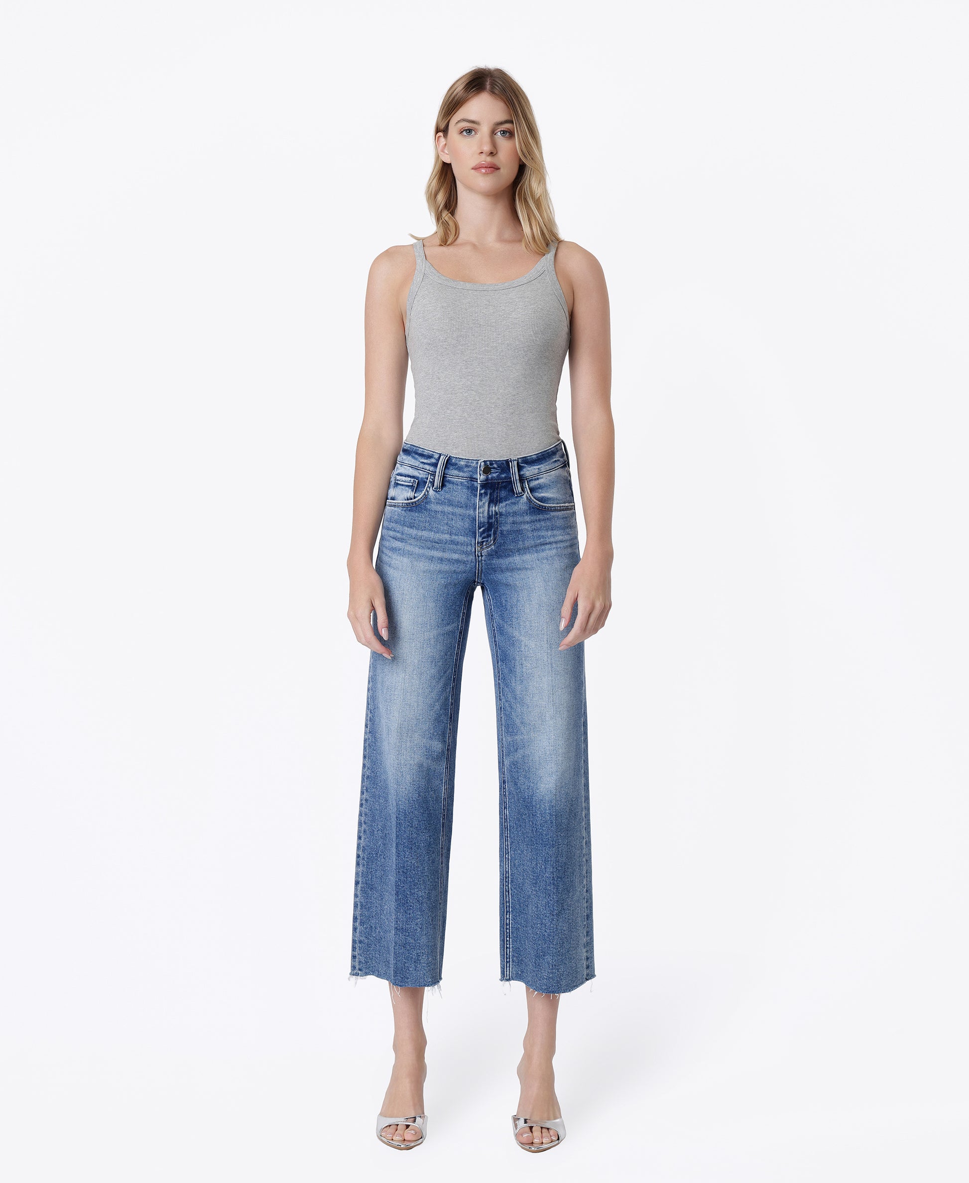 Front product images of Butterflies - Mid Rise Trouser Fold Creased Crop Wide Leg Jeans
