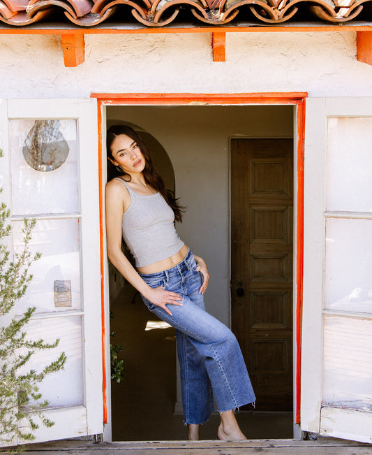 editorial image of Butterflies - Mid Rise Trouser Fold Creased Crop Wide Leg Jeans