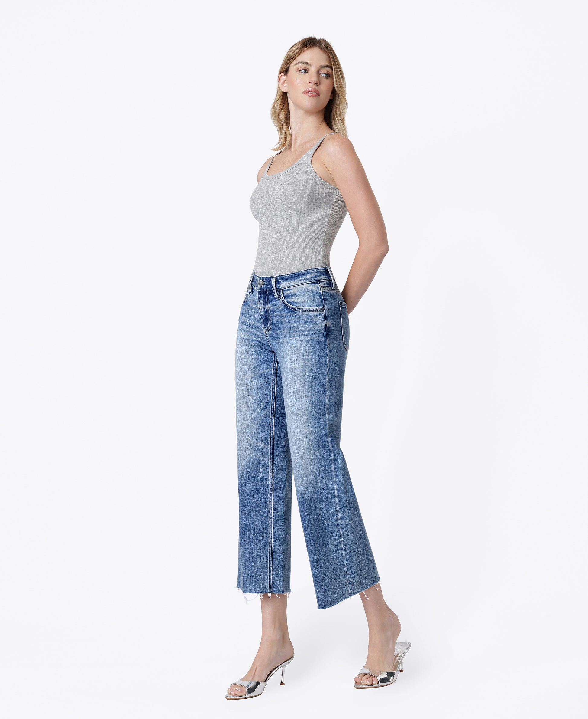 Butterflies - Mid Rise Trouser Fold Creased Crop Wide Leg Jeans