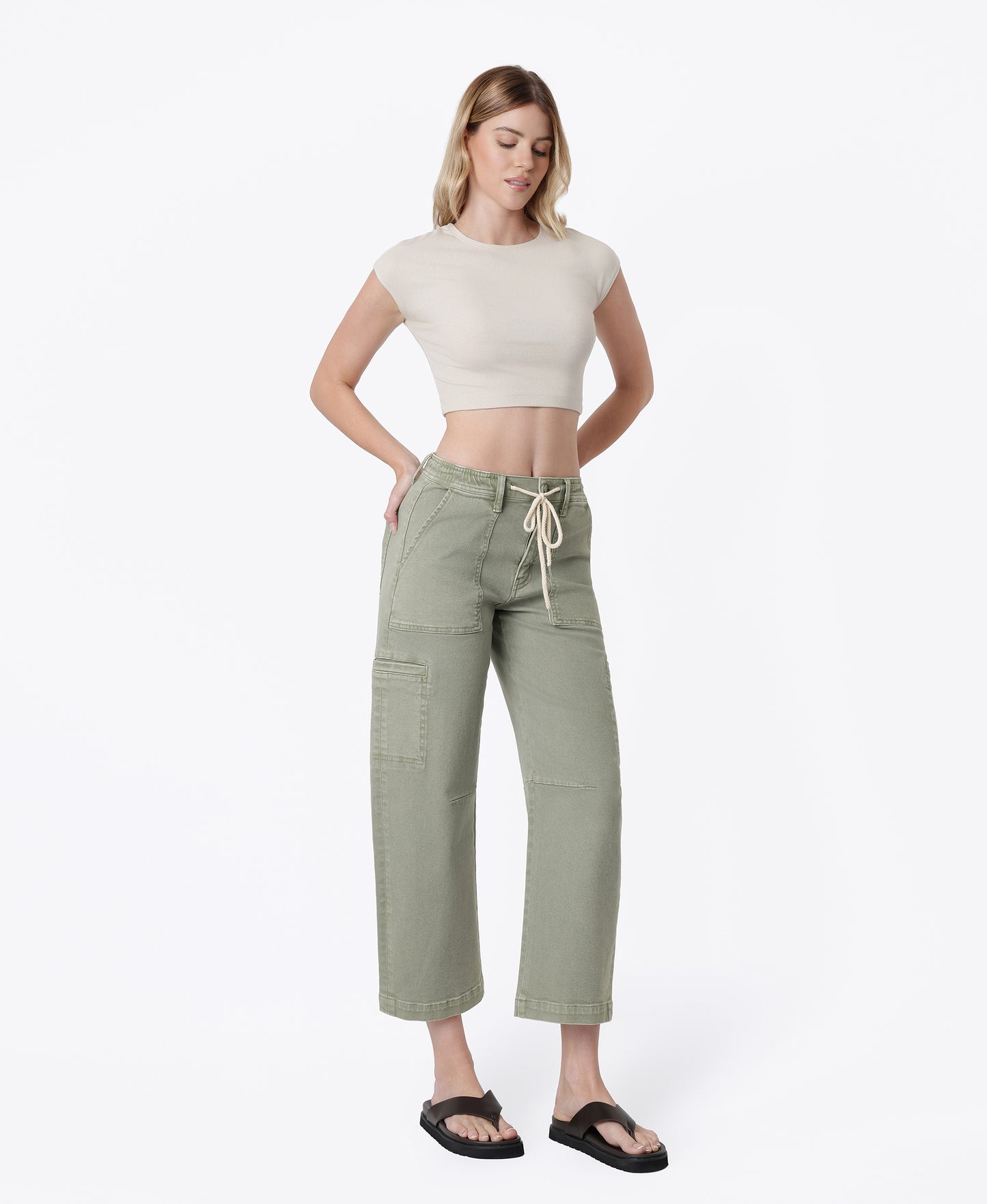 Right 45 degrees product image of Iceberg Green - High Rise Utility Cargo Drawstring Crop Barrel Jeans