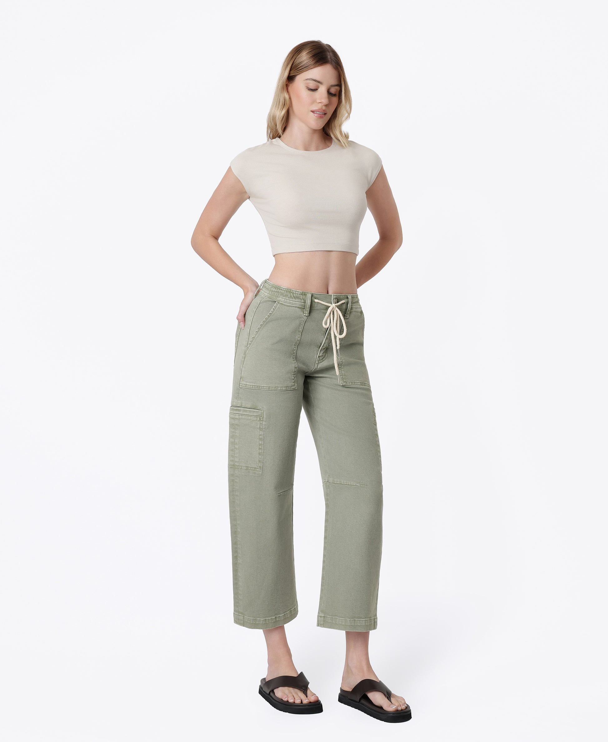Right 45 degrees product image of Iceberg Green - High Rise Utility Cargo Drawstring Crop Barrel Jeans