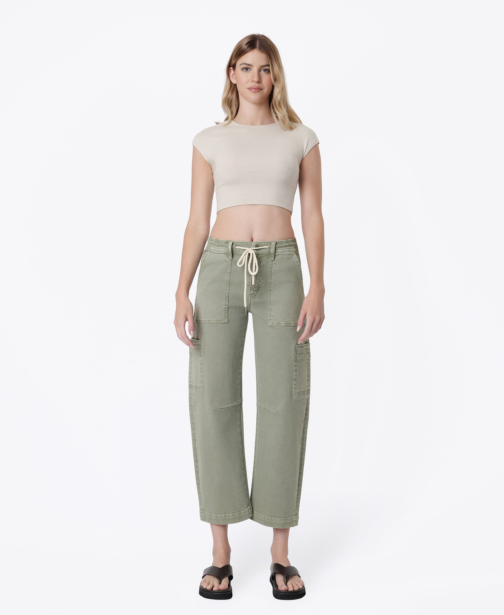 Front product images of 
Iceberg Green - High Rise Utility Cargo Drawstring Crop Barrel Jeans