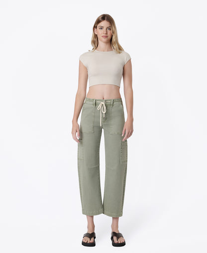 Front product images of 
Iceberg Green - High Rise Utility Cargo Drawstring Crop Barrel Jeans