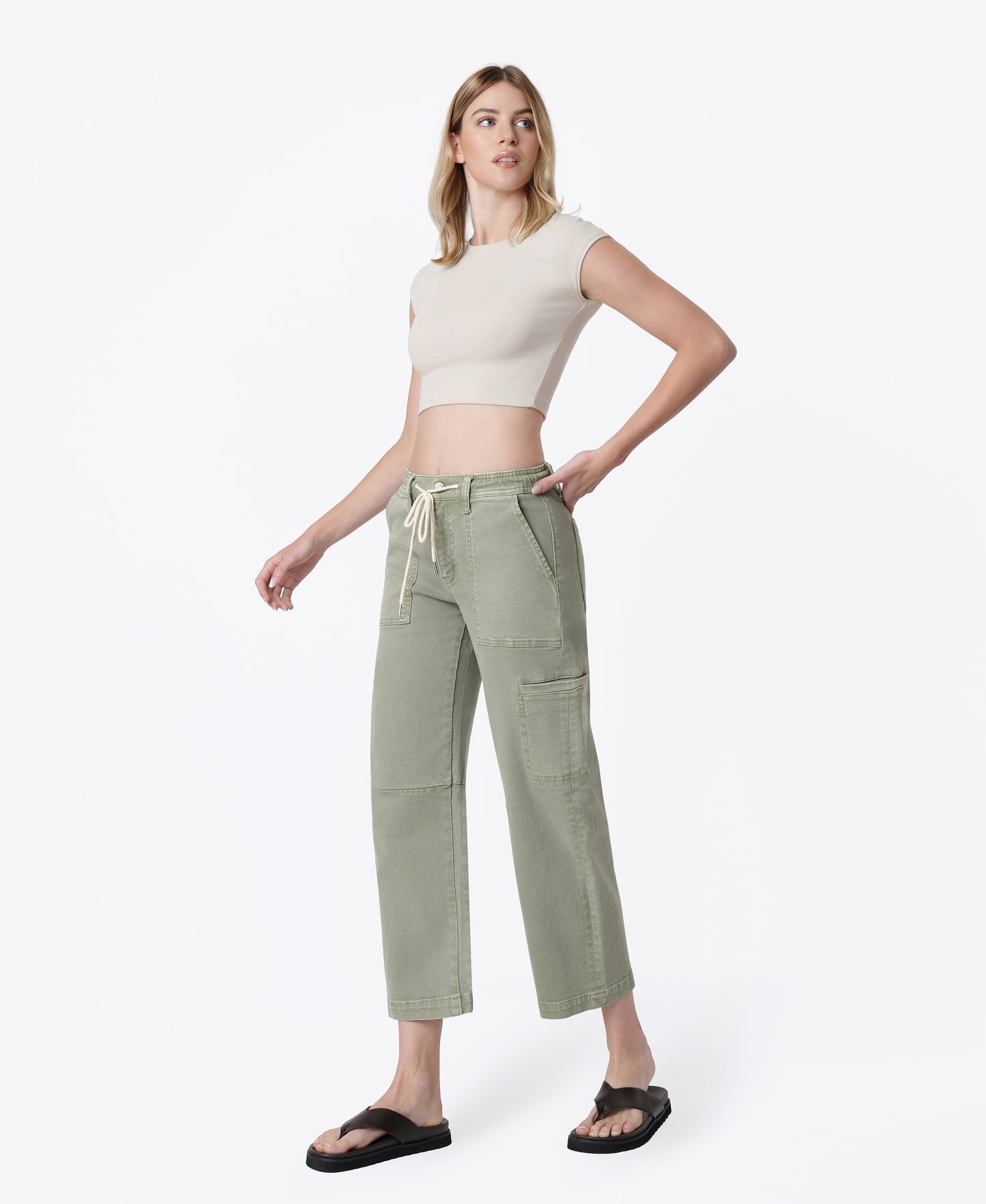 Left 45 degrees product image of Iceberg Green - High Rise Utility Cargo Drawstring Crop Barrel Jeans