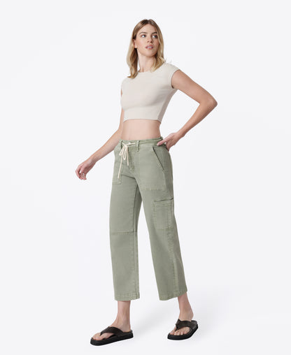 Left 45 degrees product image of Iceberg Green - High Rise Utility Cargo Drawstring Crop Barrel Jeans