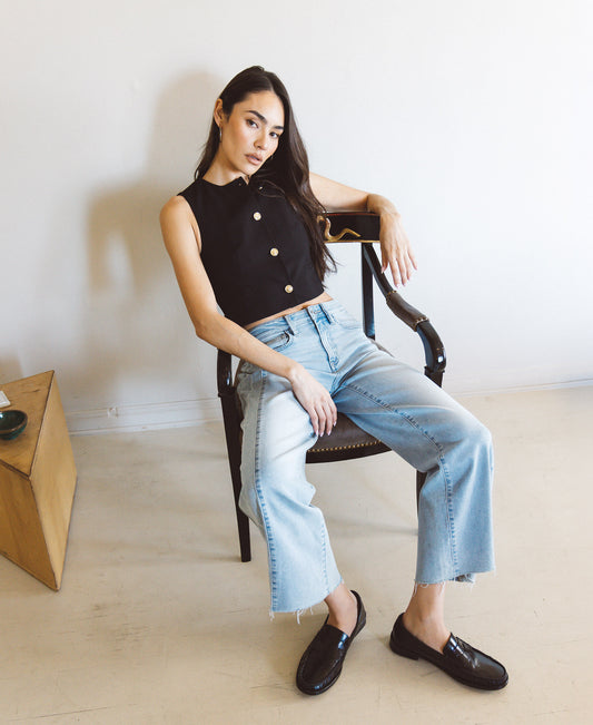 editorial image of Obedient - High Rise Two Tone Twist Wide Leg Jeans