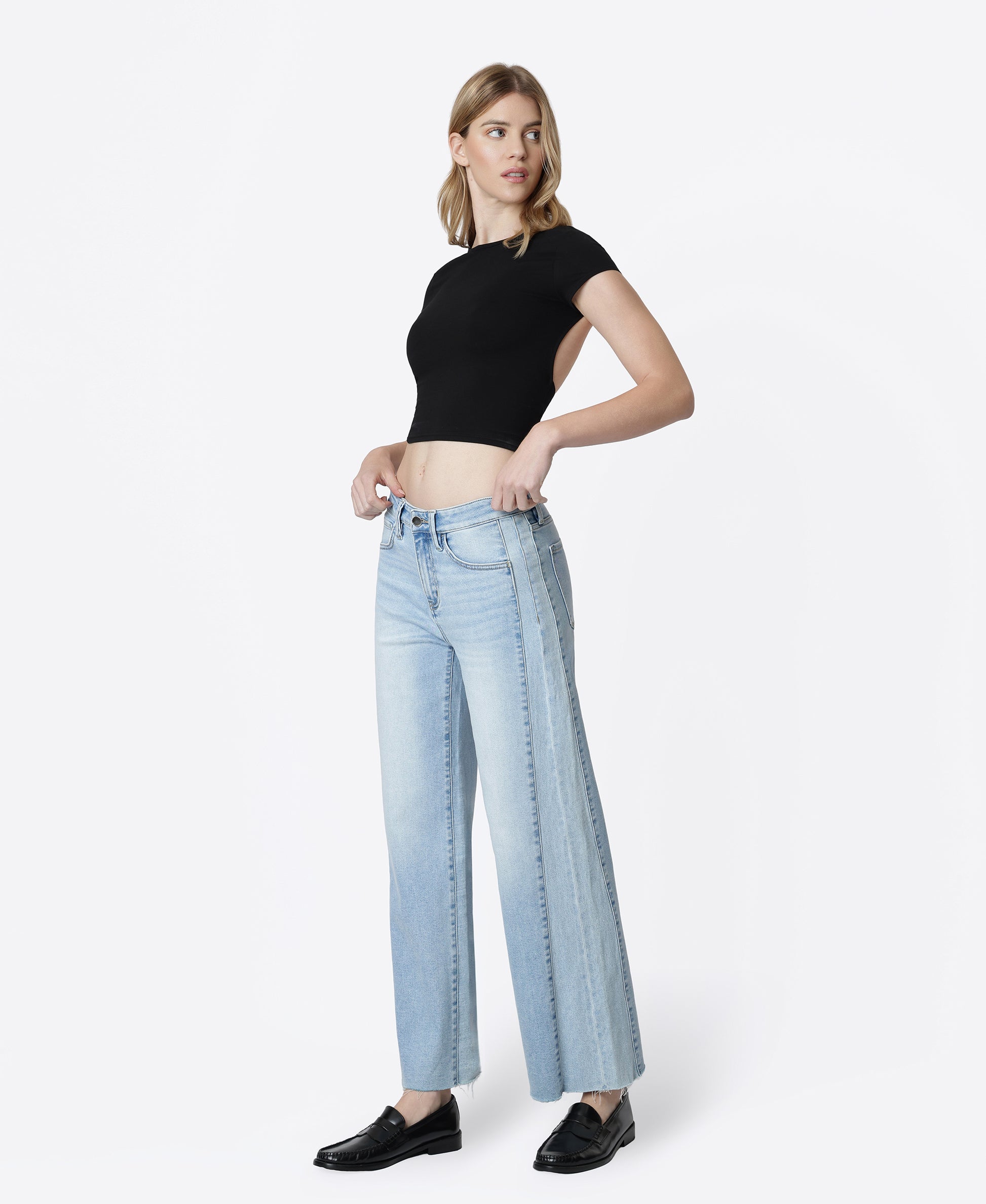 Left 45 degrees product image of Obedient - High Rise Two Tone Twist Wide Leg Jeans