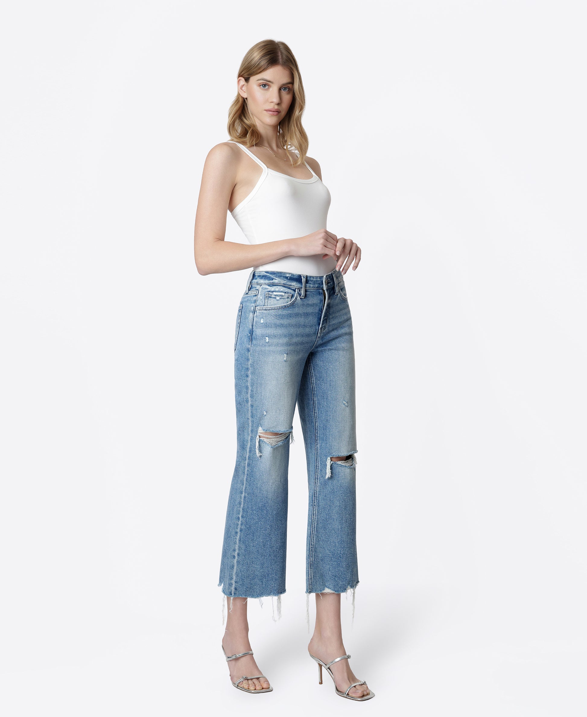 Right 45 degrees product image of Futuristic - Mid Rise Distressed Crop Vintage Flare Jeans