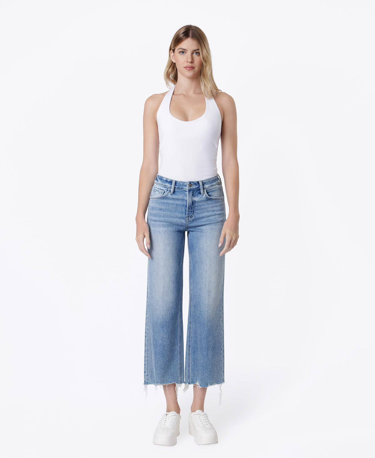 Front product images of Commodious - High Rise Trouser Fold Crop Slim Wide Leg Jeans
