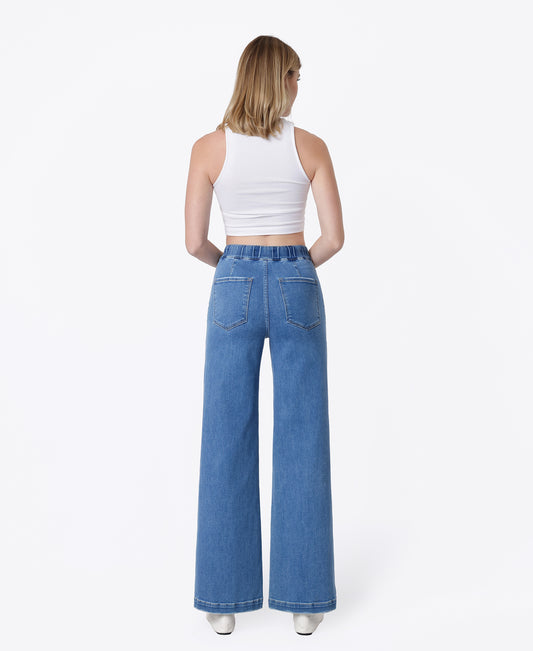 Back product images of Compatible - Super High Rise Elastic Waistband Patch Pocket Wide Leg Jeans