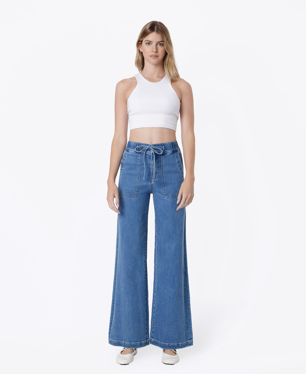Front product images of Compatible - Super High Rise Elastic Waistband Patch Pocket Wide Leg Jeans