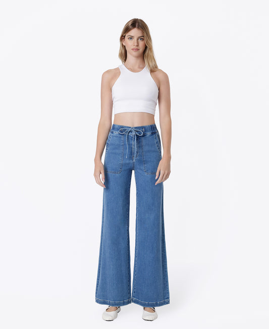 Front product images of Compatible - Super High Rise Elastic Waistband Patch Pocket Wide Leg Jeans