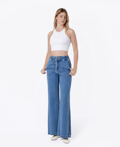 Left 45 degrees product image of Compatible - Super High Rise Elastic Waistband Patch Pocket Wide Leg Jeans