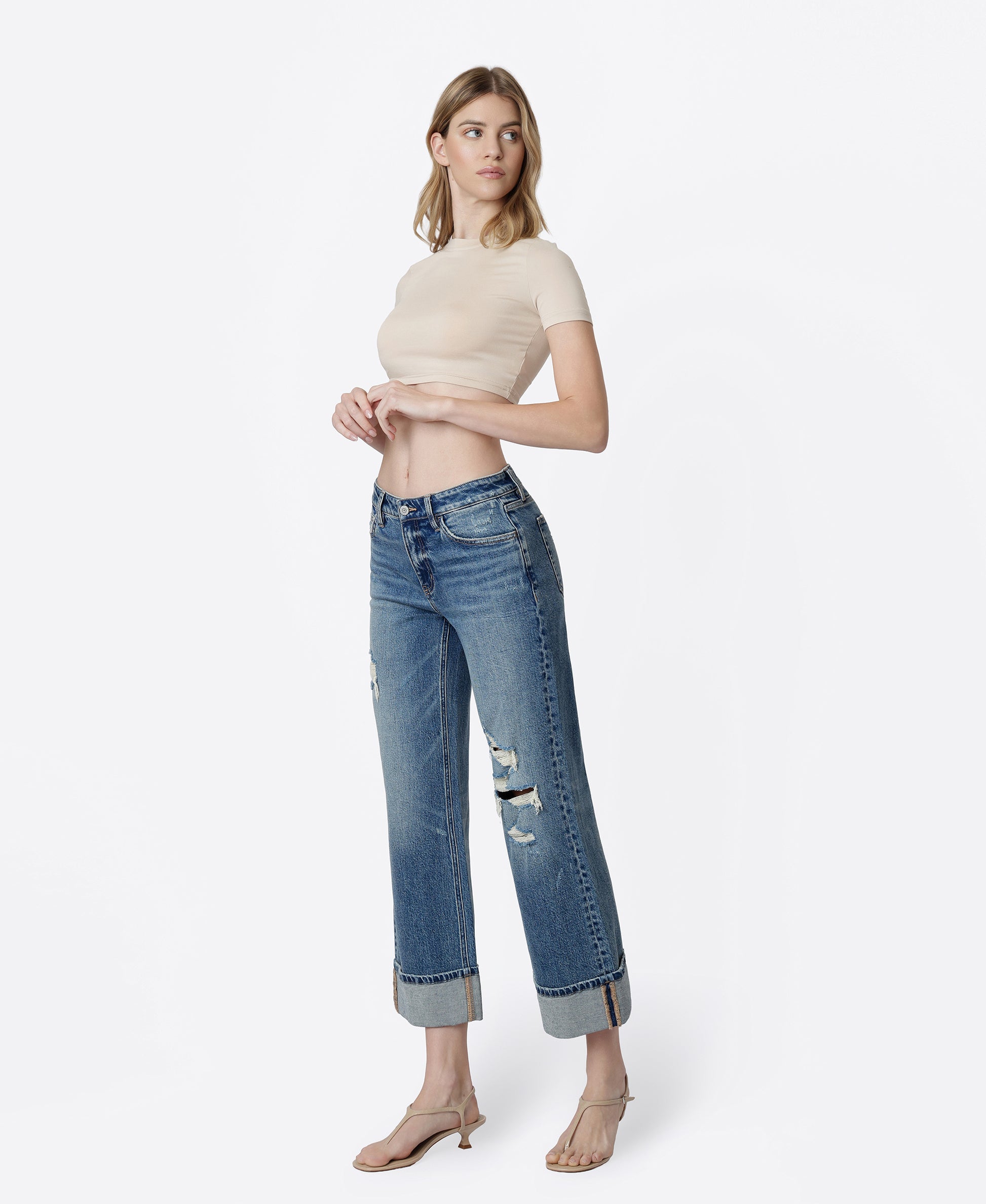 Left 45 degrees product image of Empower - Mid Rise Distressed Cuffed Crop Wide Leg Jeans