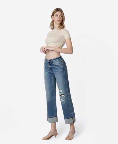 Left 45 degrees product image of Empower - Mid Rise Distressed Cuffed Crop Wide Leg Jeans