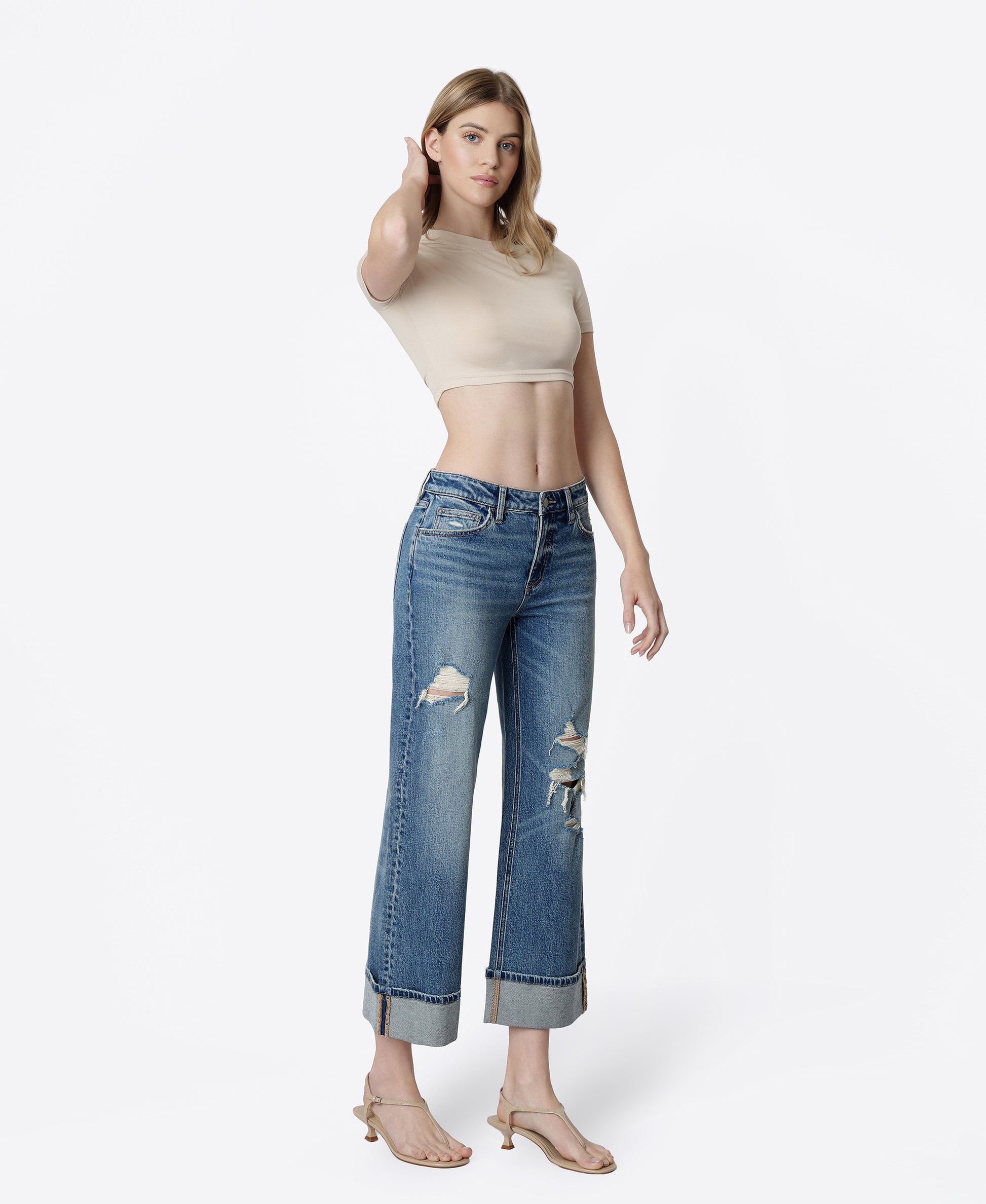 Right 45 degrees product image of Empower - Mid Rise Distressed Cuffed Crop Wide Leg Jeans