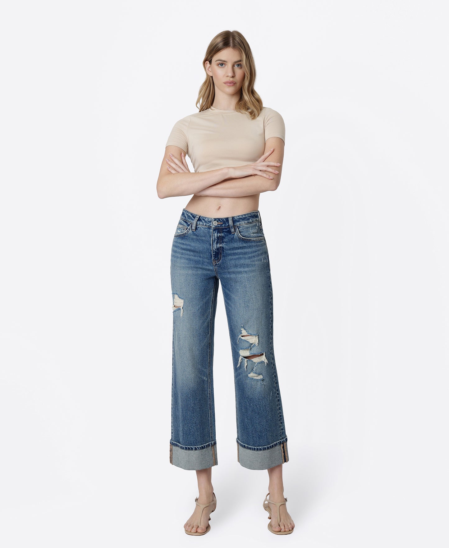 Front product images of Empower - Mid Rise Distressed Cuffed Crop Wide Leg Jeans