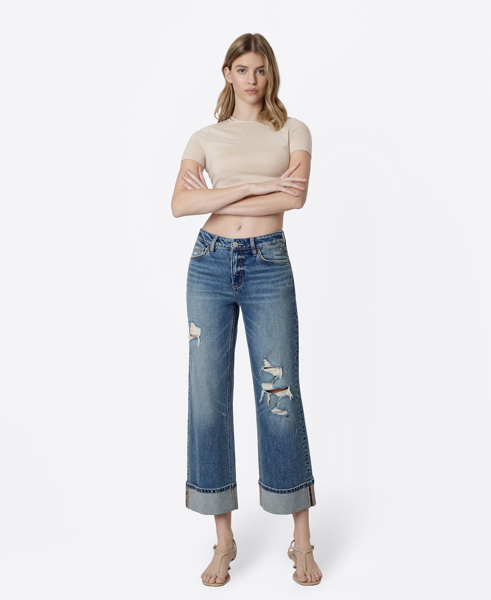 Front product images of Empower - Mid Rise Distressed Cuffed Crop Wide Leg Jeans