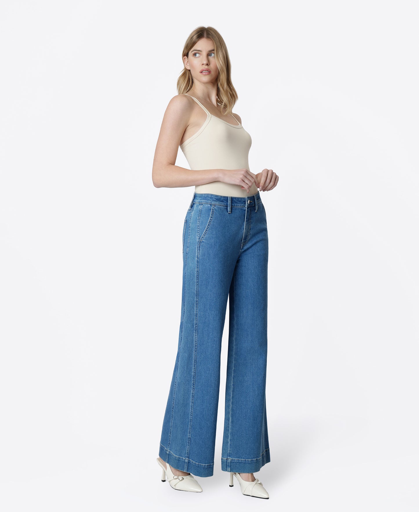Right 45 degrees product image of Dawn - High Rise Side Panel Trouser Pocket Wide Leg Jeans