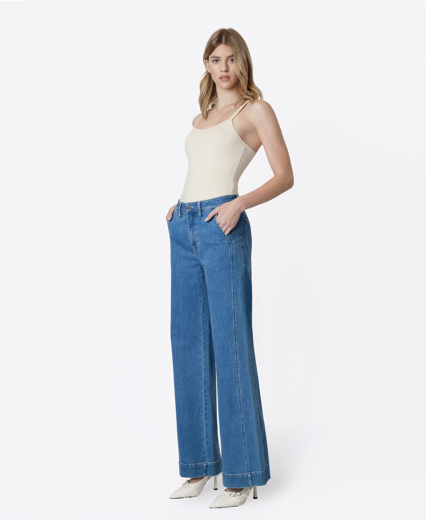 Left 45 degrees product image of Dawn - High Rise Side Panel Trouser Pocket Wide Leg Jeans