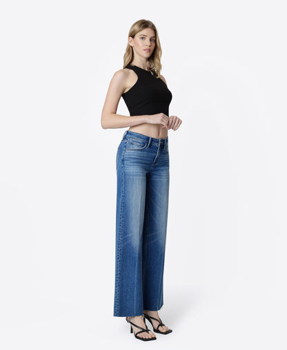 Right 45 degrees product image of Dashing - Mid Rise Clean Cut Raw Hem Wide Leg Jeans