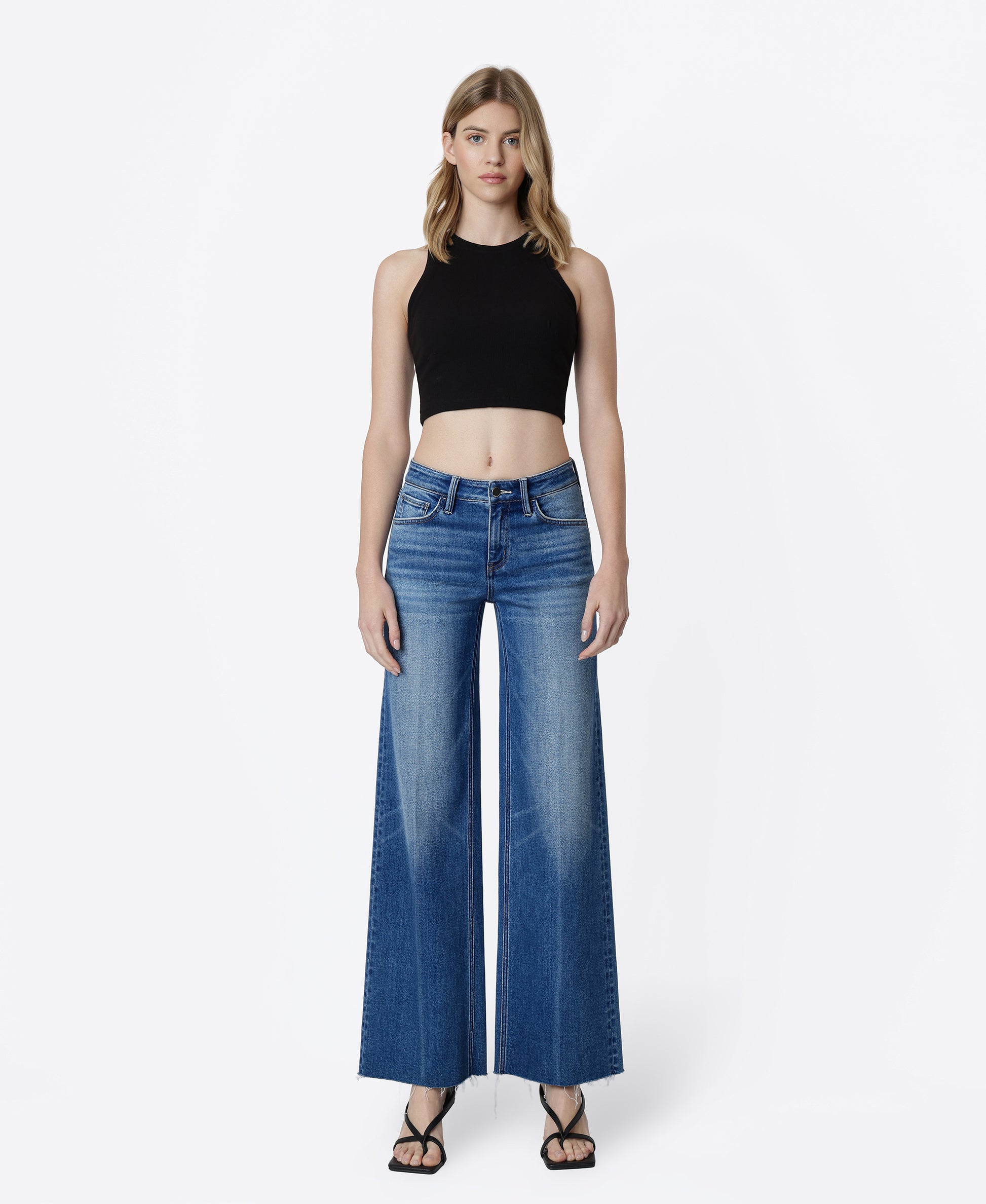 Front product images of Dashing - Mid Rise Clean Cut Raw Hem Wide Leg Jeans