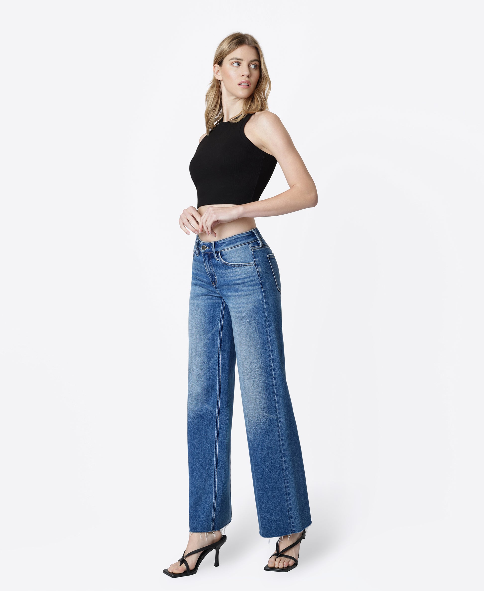 Left 45 degrees product image of Dashing - Mid Rise Clean Cut Raw Hem Wide Leg Jeans