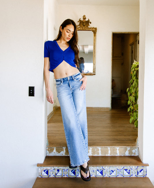 editorial image of Fine - Mid Rise Full Length Wide Leg Jeans