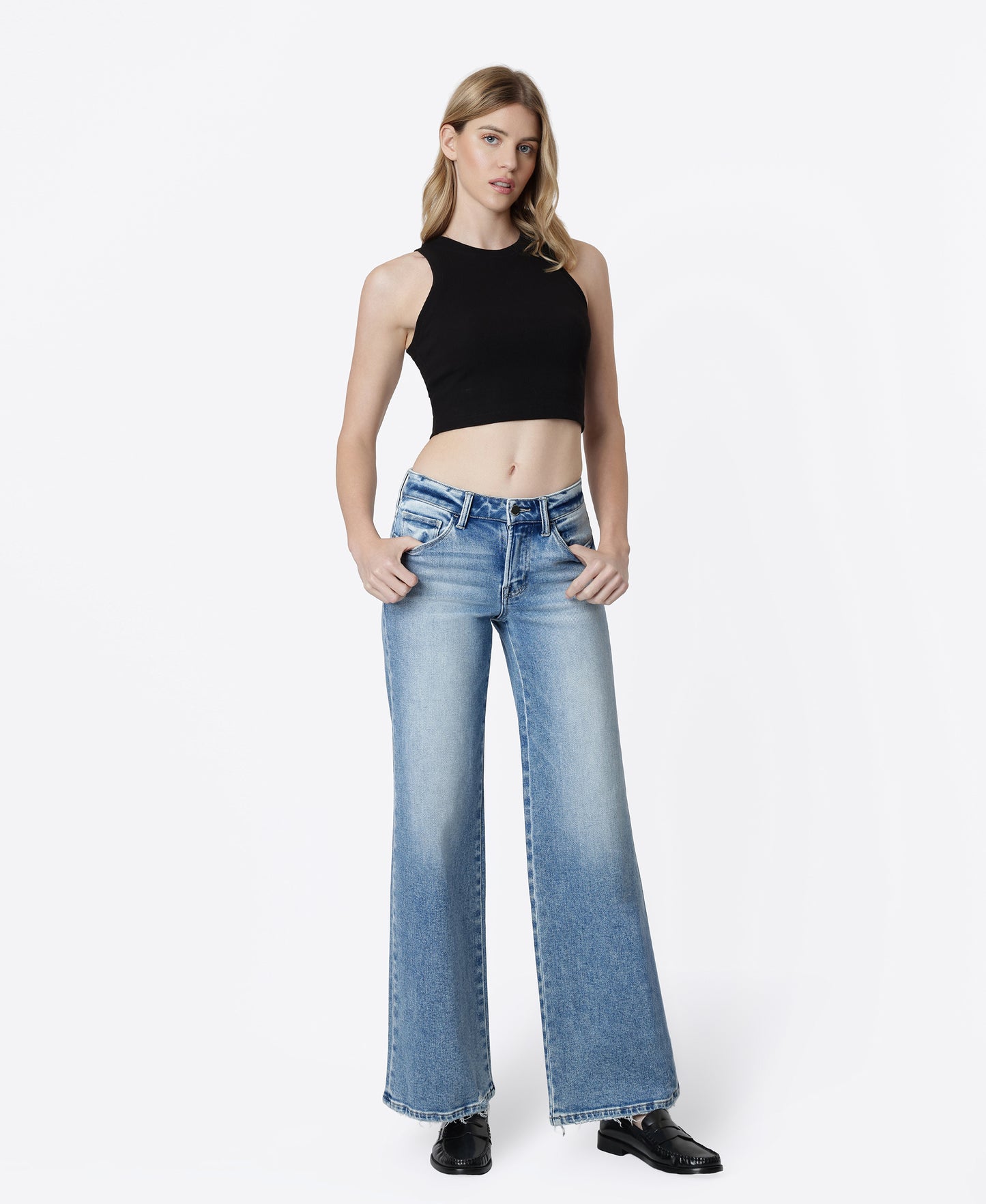 Right 45 degrees product image of Fine - Mid Rise Full Length Wide Leg Jeans