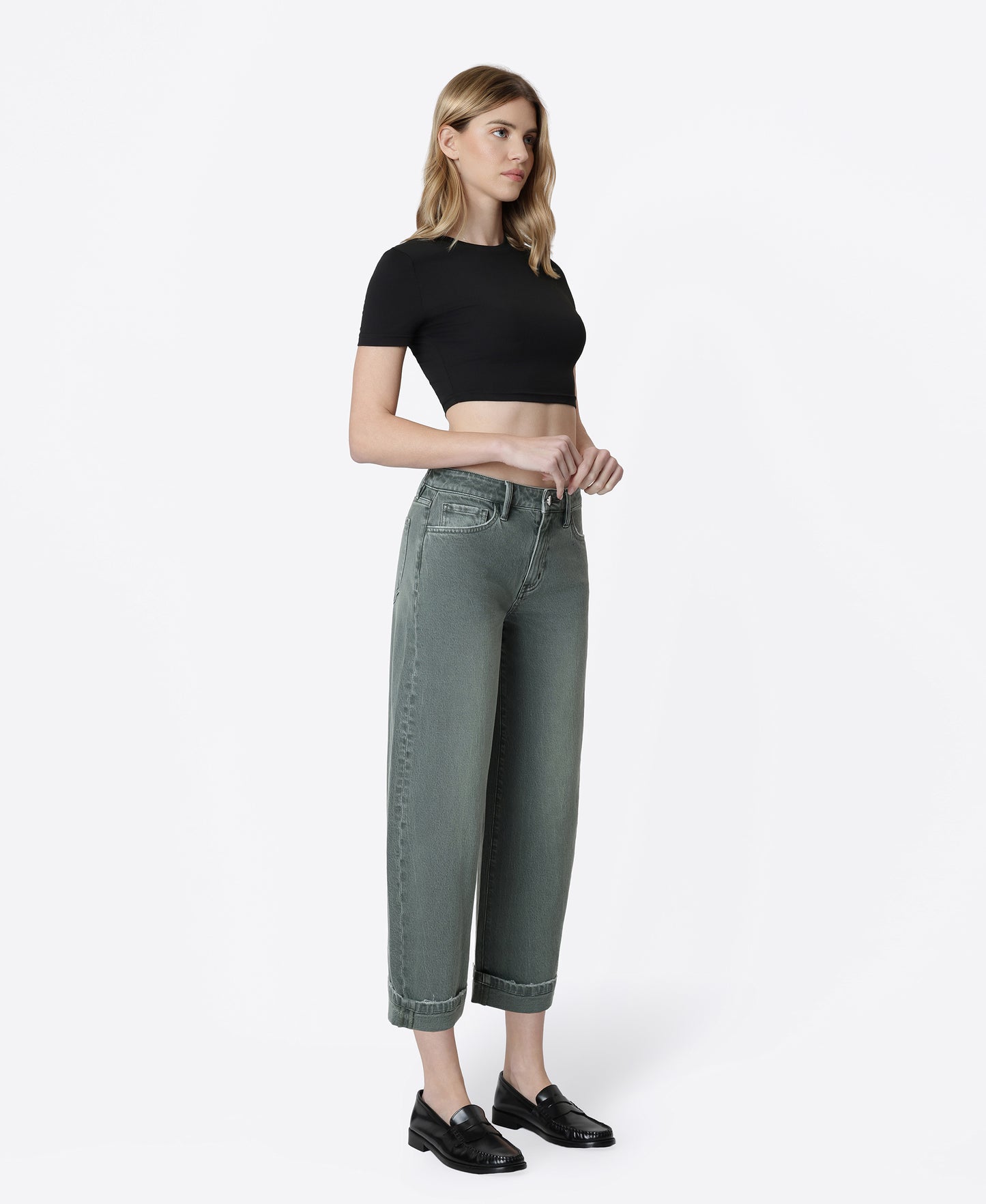 Right 45 degrees product image of Pine- High Rise Cuffed Crop Barrel Jeans
