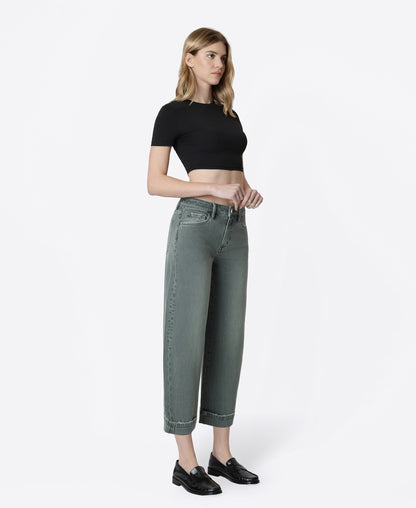 Right 45 degrees product image of Pine- High Rise Cuffed Crop Barrel Jeans