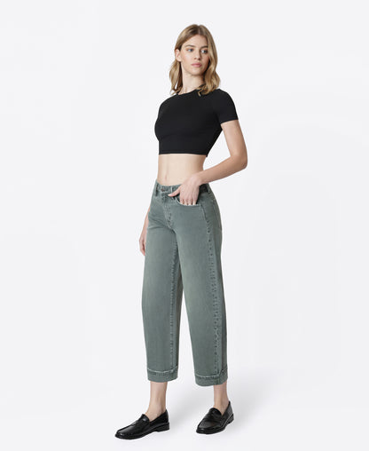 Left 45 degrees product image of Pine- High Rise Cuffed Crop Barrel Jeans