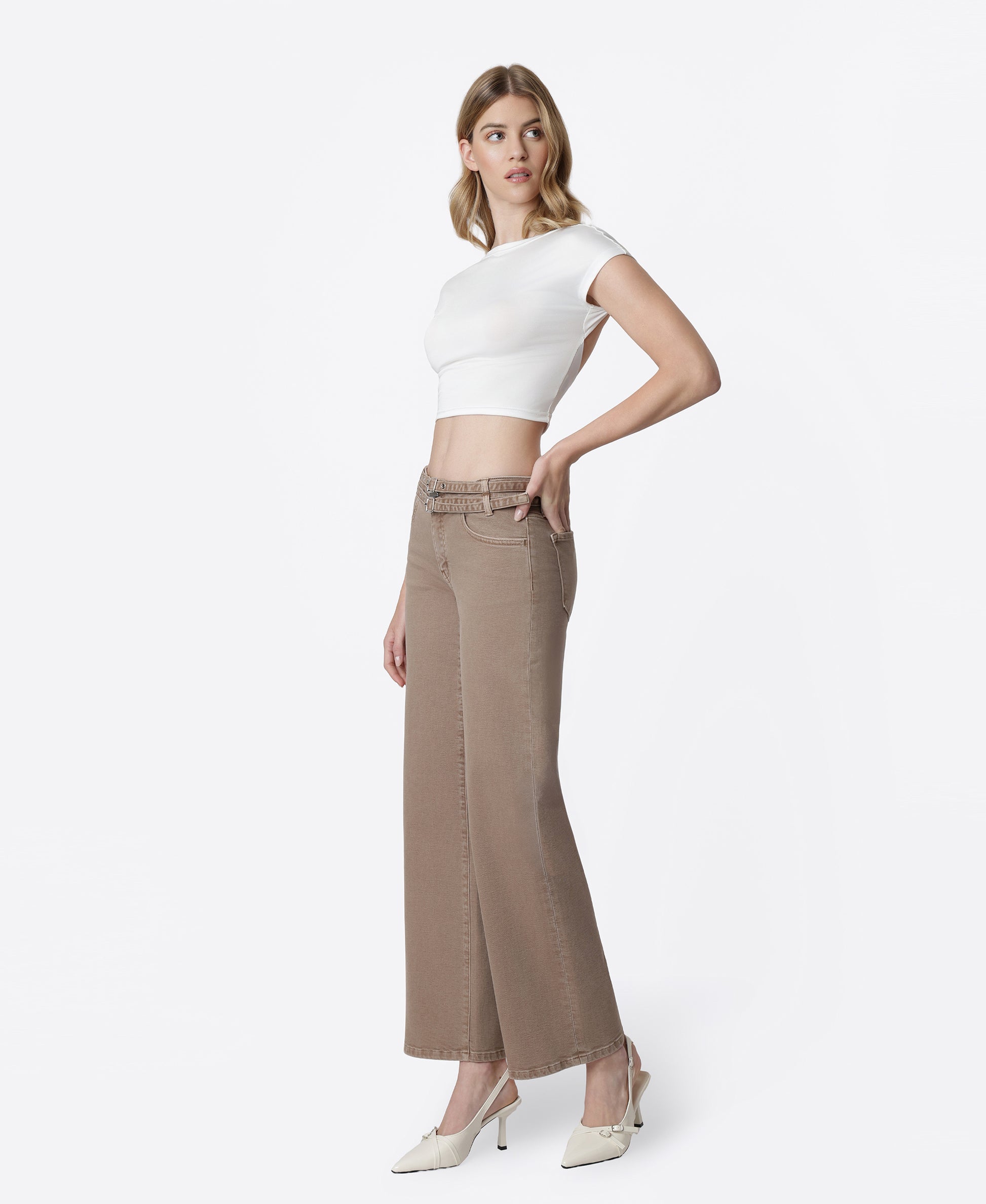 Left 45 degrees product image of Mocha - Low Rise Double Belted Wide Leg Jeans