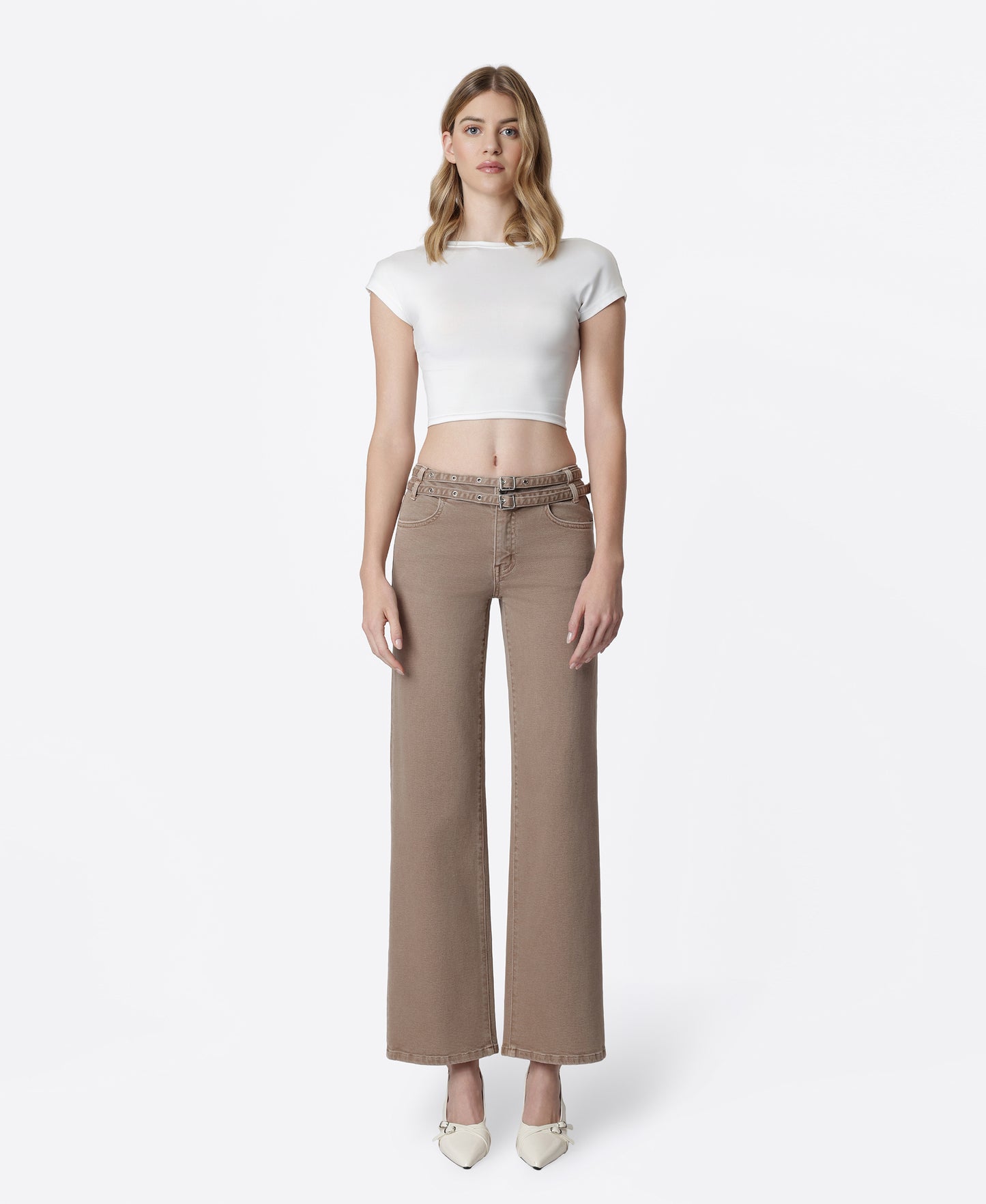 Front product images of Mocha - Low Rise Double Belted Wide Leg Jeans
