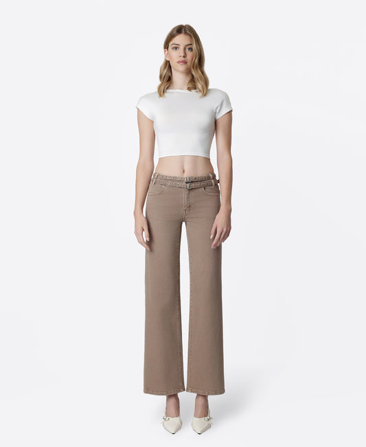 Front product images of Mocha - Low Rise Double Belted Wide Leg Jeans