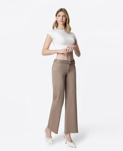 Right 45 degrees product image of Mocha - Low Rise Double Belted Wide Leg Jeans