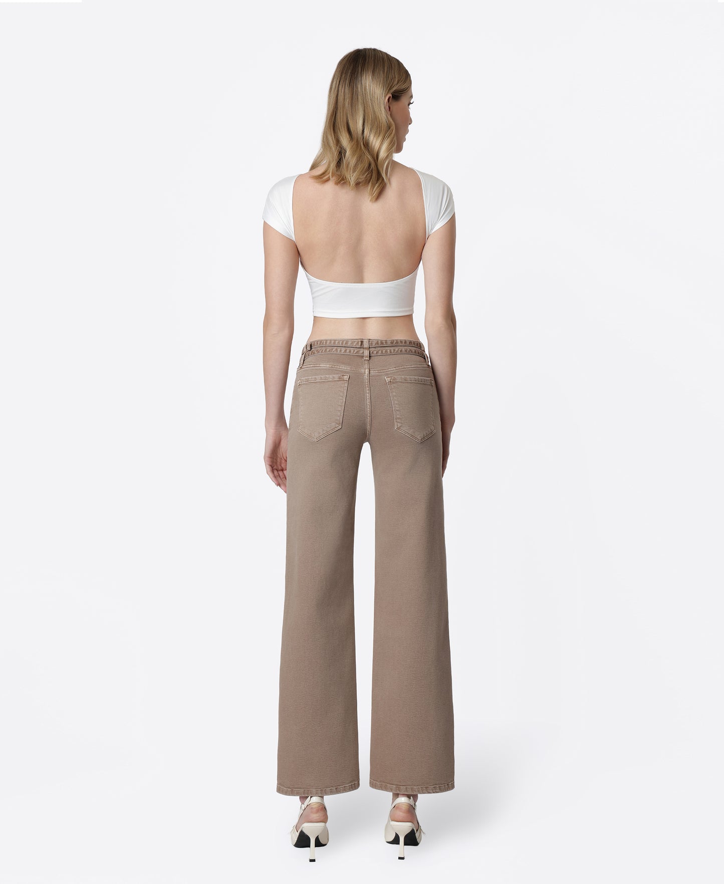 Back product images of Mocha - Low Rise Double Belted Wide Leg Jeans