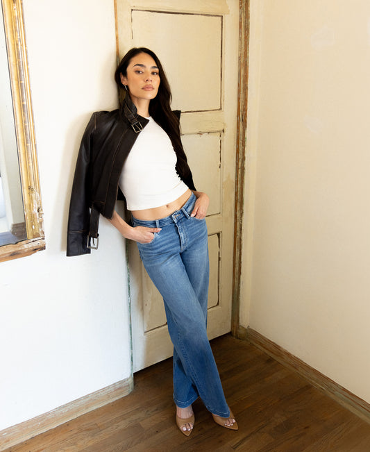 editorial image of Nile - High Rise Trouser Fold Crease Wide Leg Jeans
