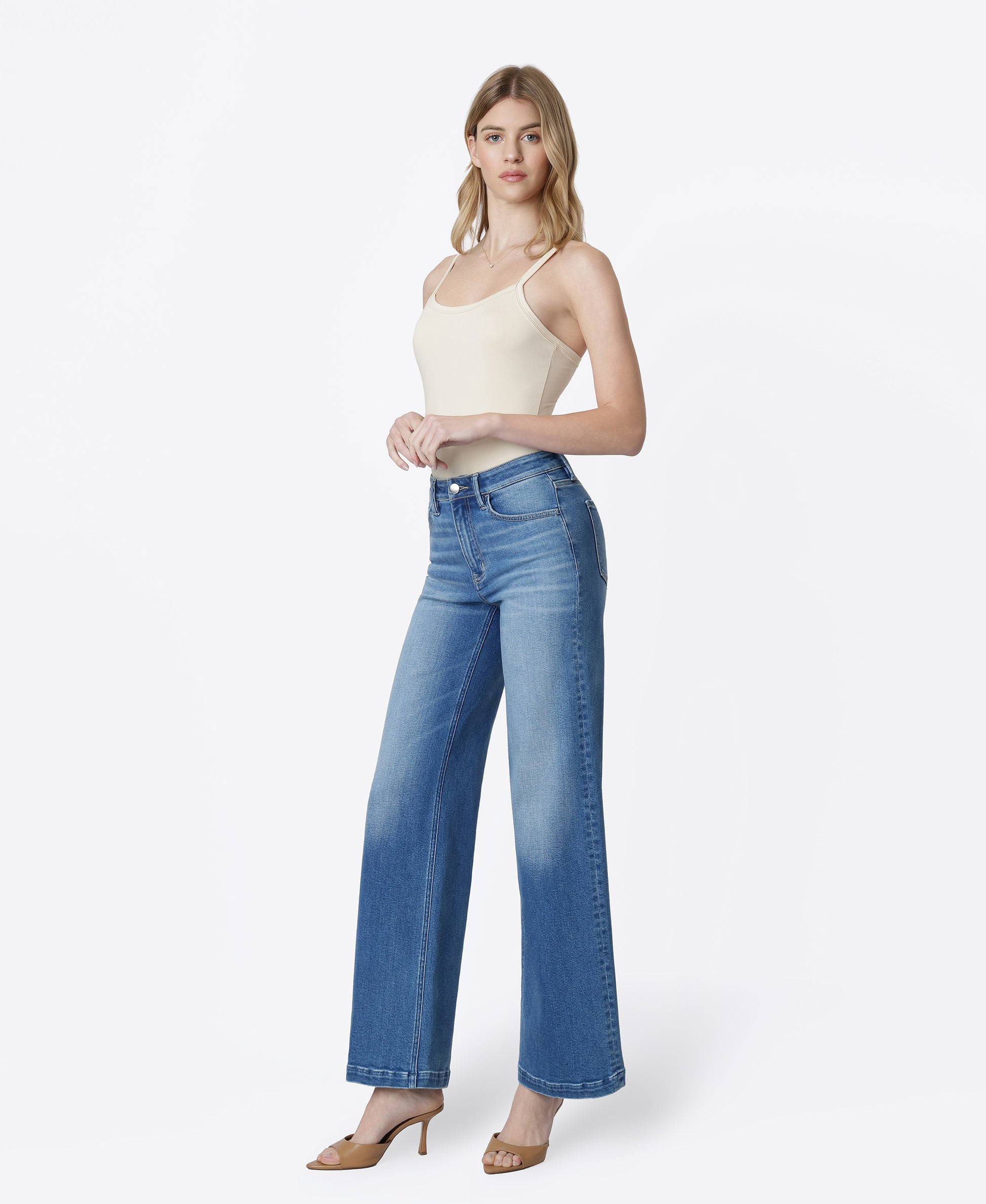 Left 45 degrees product image of Nile - High Rise Trouser Fold Crease Wide Leg Jeans