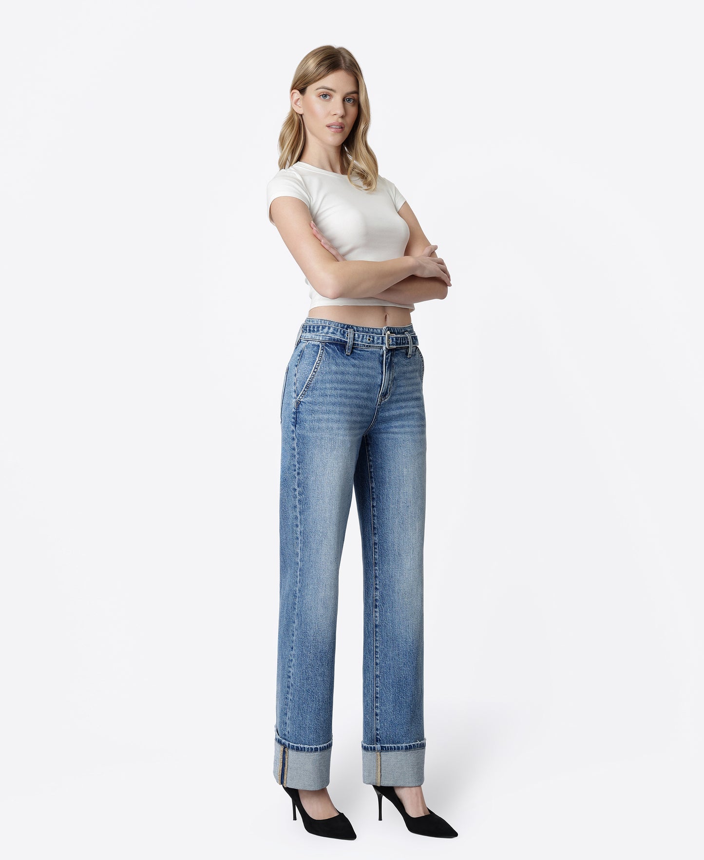 Right 45 degrees product image of Up - High Rise 2 Button Cuffed Belted Slim Wide Leg Jeans
