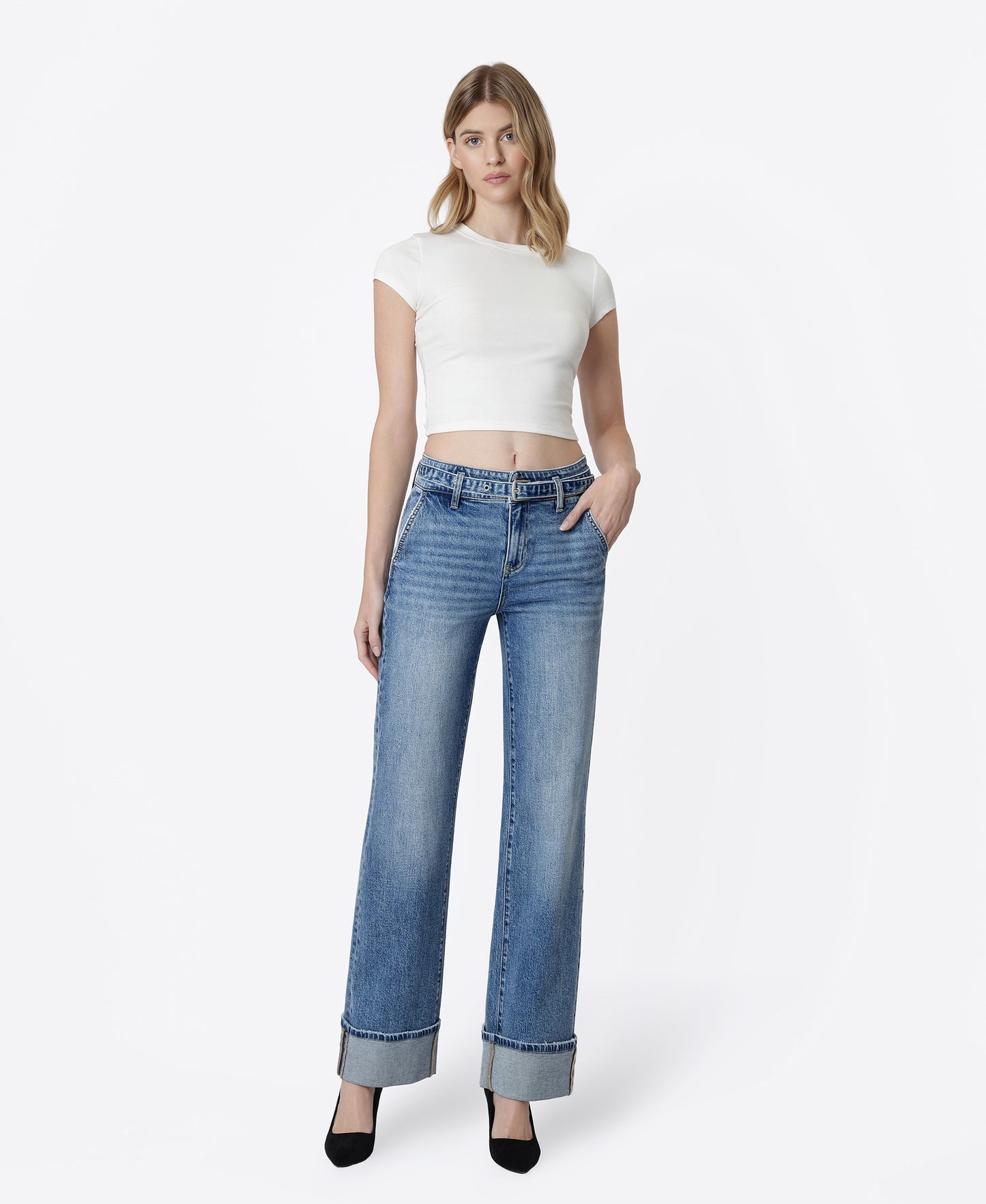 Front product images of Up - High Rise 2 Button Cuffed Belted Slim Wide Leg Jeans
