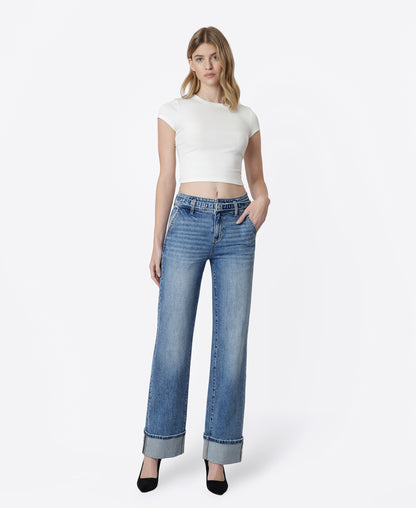 Front product images of Up - High Rise 2 Button Cuffed Belted Slim Wide Leg Jeans
