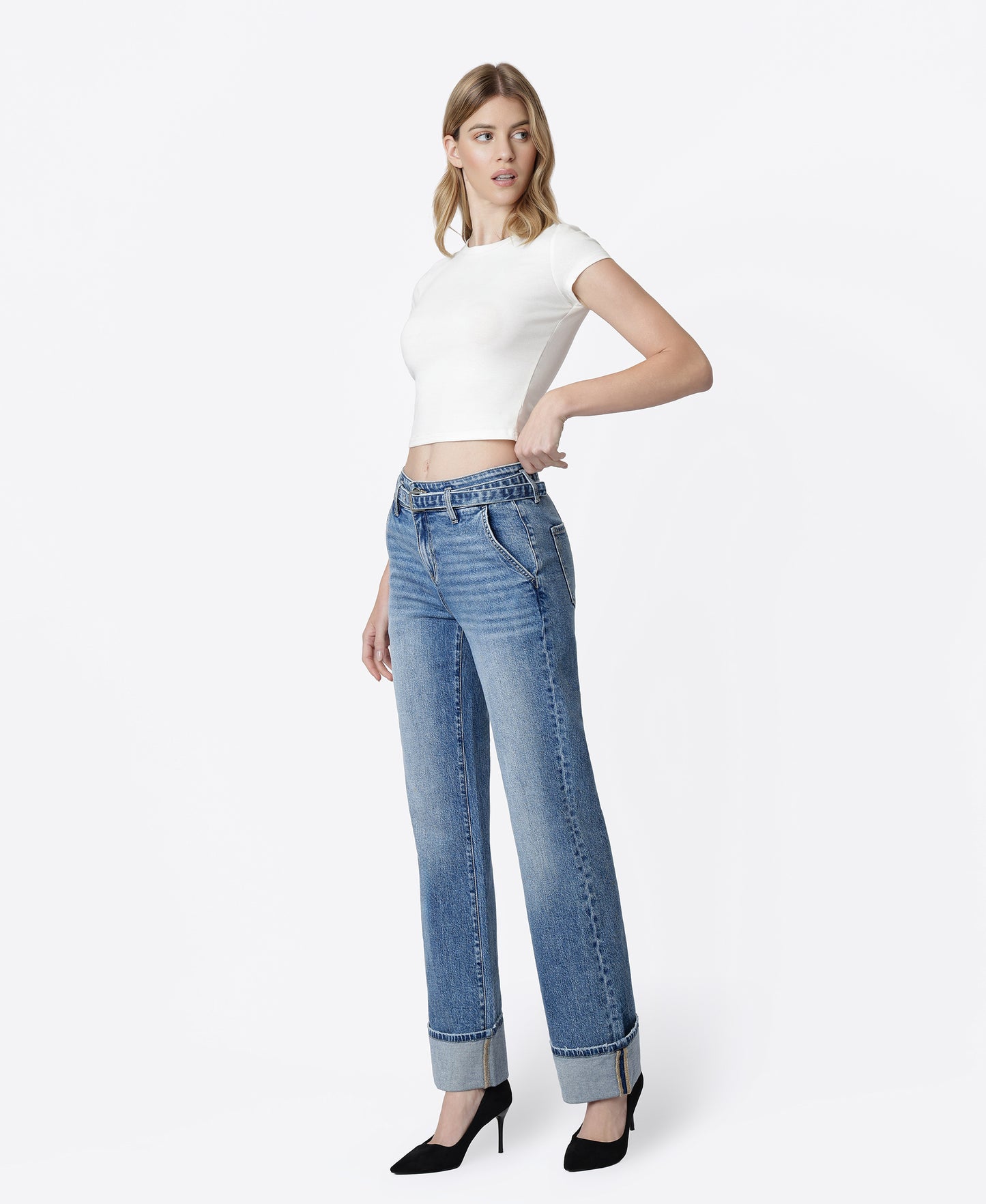 Left 45 degrees product image of Up - High Rise 2 Button Cuffed Belted Slim Wide Leg Jeans