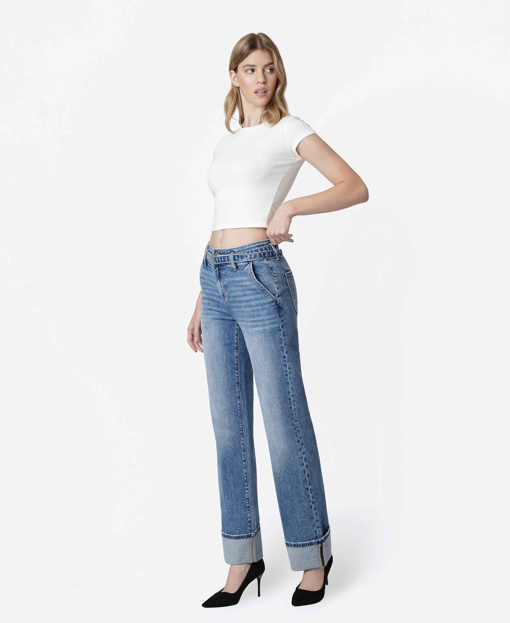Left 45 degrees product image of Up - High Rise 2 Button Cuffed Belted Slim Wide Leg Jeans