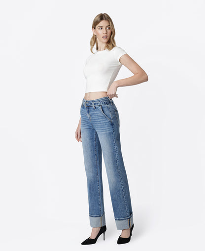 Left 45 degrees product image of Up - High Rise 2 Button Cuffed Belted Slim Wide Leg Jeans