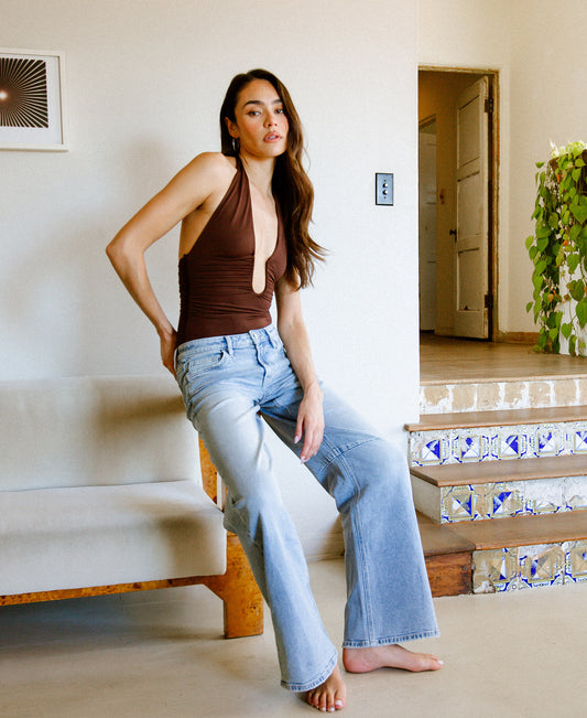 editorial image of Convenient - Low Rise Full Length Wide Barrel Jeans