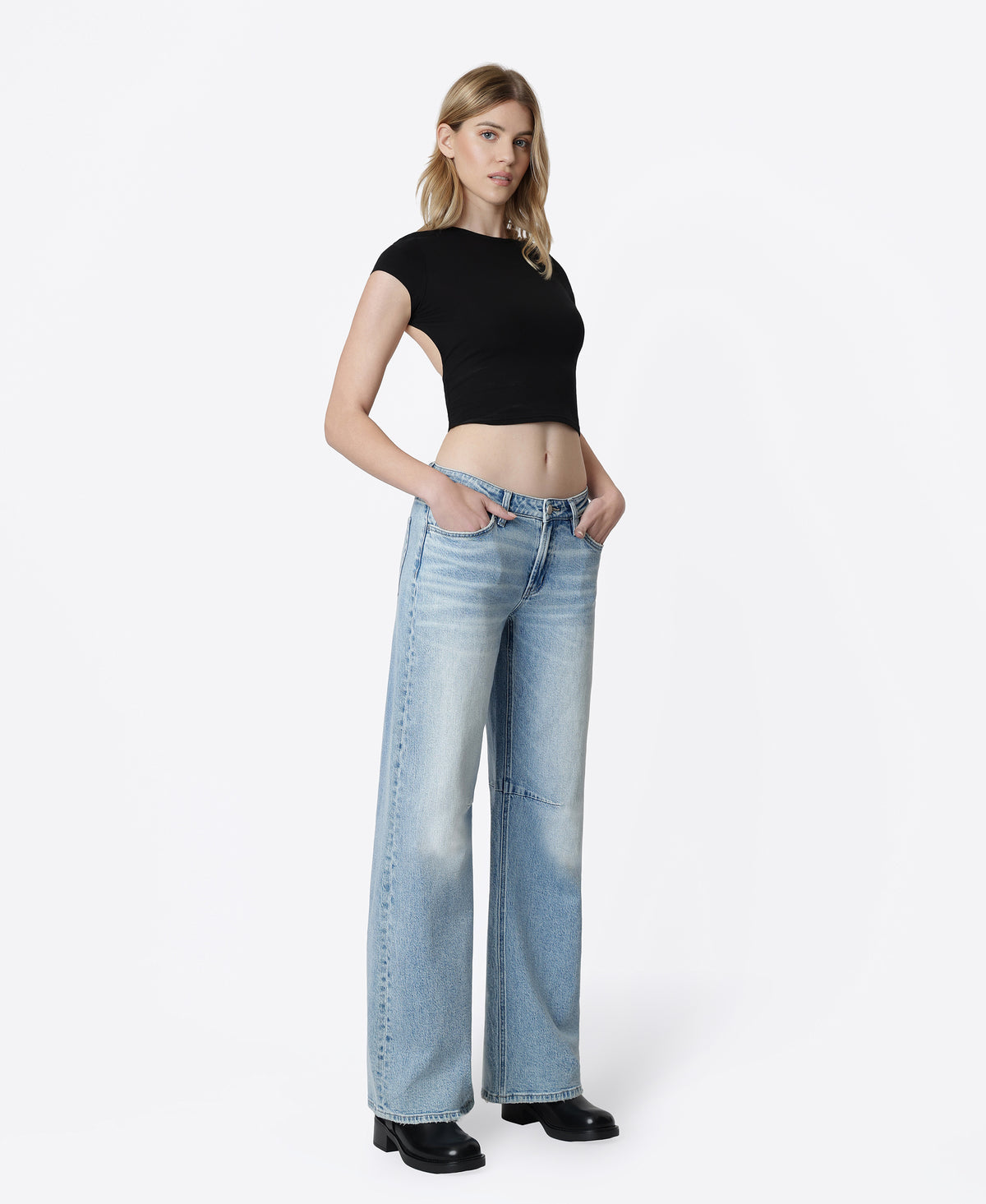 Right 45 degrees product image of Convenient - Low Rise Full Length Wide Barrel Jeans