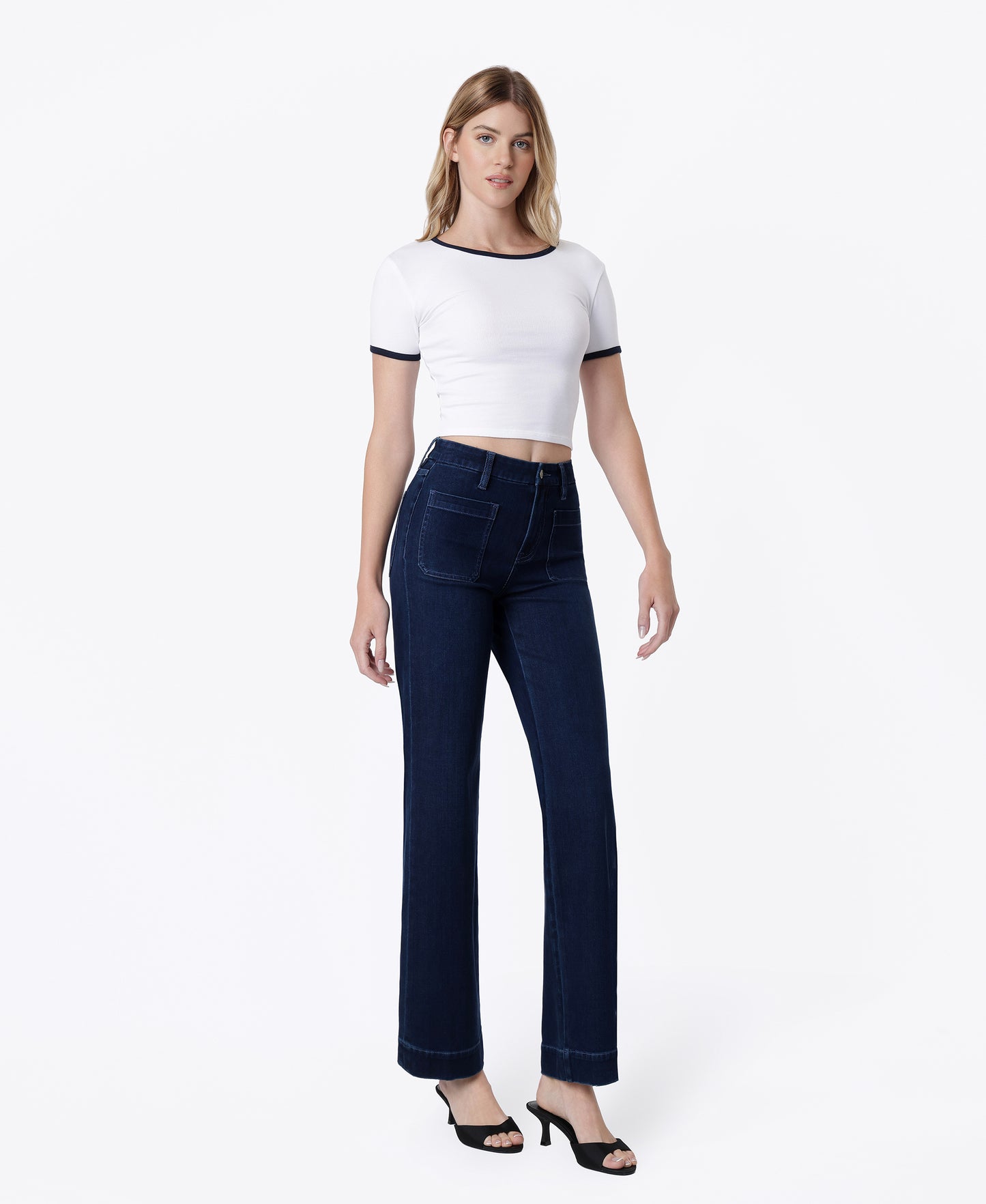 Right 45 degrees product image of Calm Blue - High Rise Patch Pocket Dark Blue Tint Slim Wide Leg Jeans