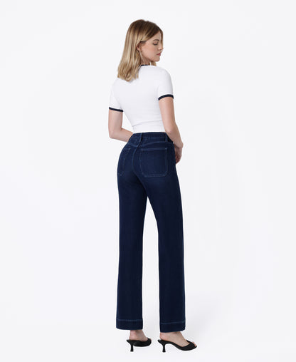 Back product images of Calm Blue - High Rise Patch Pocket Dark Blue Tint Slim Wide Leg Jeans