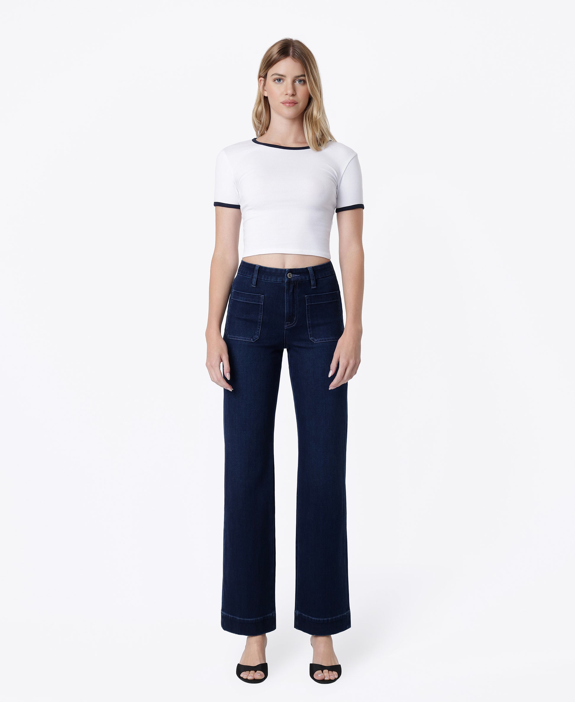 Front product images of Calm Blue - High Rise Patch Pocket Dark Blue Tint Slim Wide Leg Jeans
